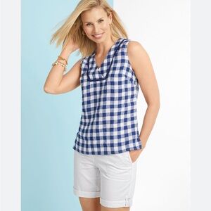 TALBOTS Linen Shell Blue White Plaid Linen Cotton Sleeveless Summer Top V Neck